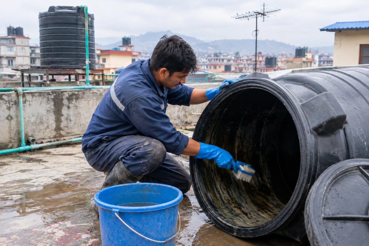 Technician cleaning the inside of a rooftop water tank in Kathmandu
